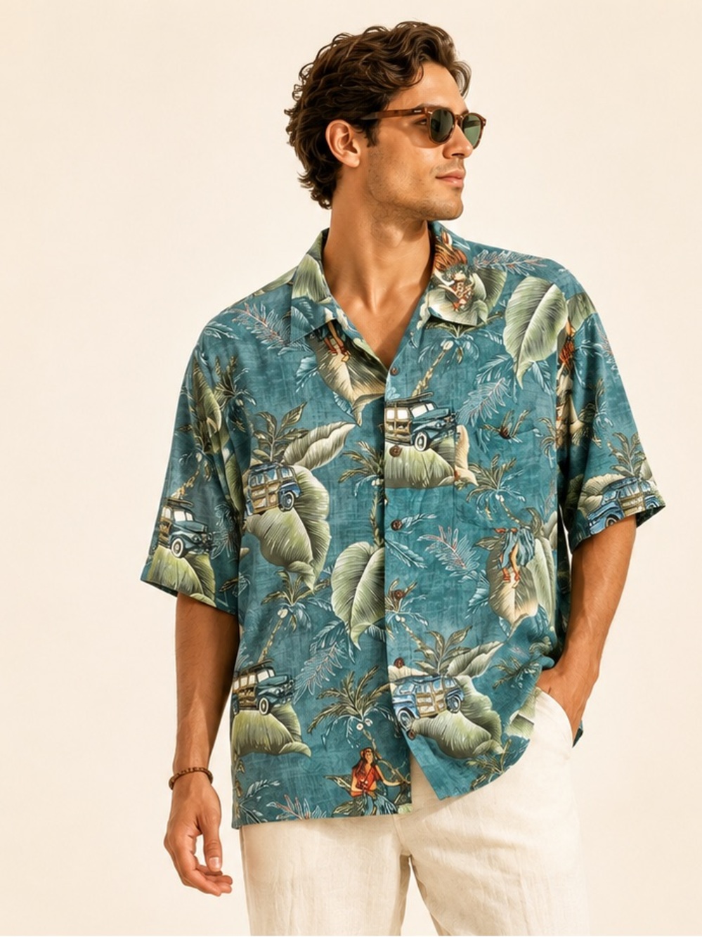 Campia Hawaiian Rayon Aloha Shirt Tropical Woodie Print Blue Size XL